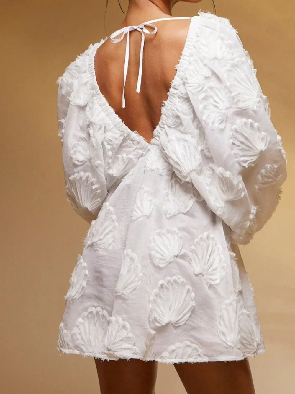 White Sexy Women's Deep V-Neck Jacquard Lantern Sleeve Mini Dress